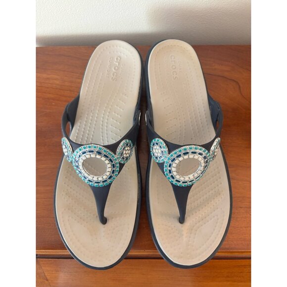 Crocs Sanrah Diamante Navy Blue & Turquoise Wedge Sandals Womens Size 8 - Picture 3 of 9